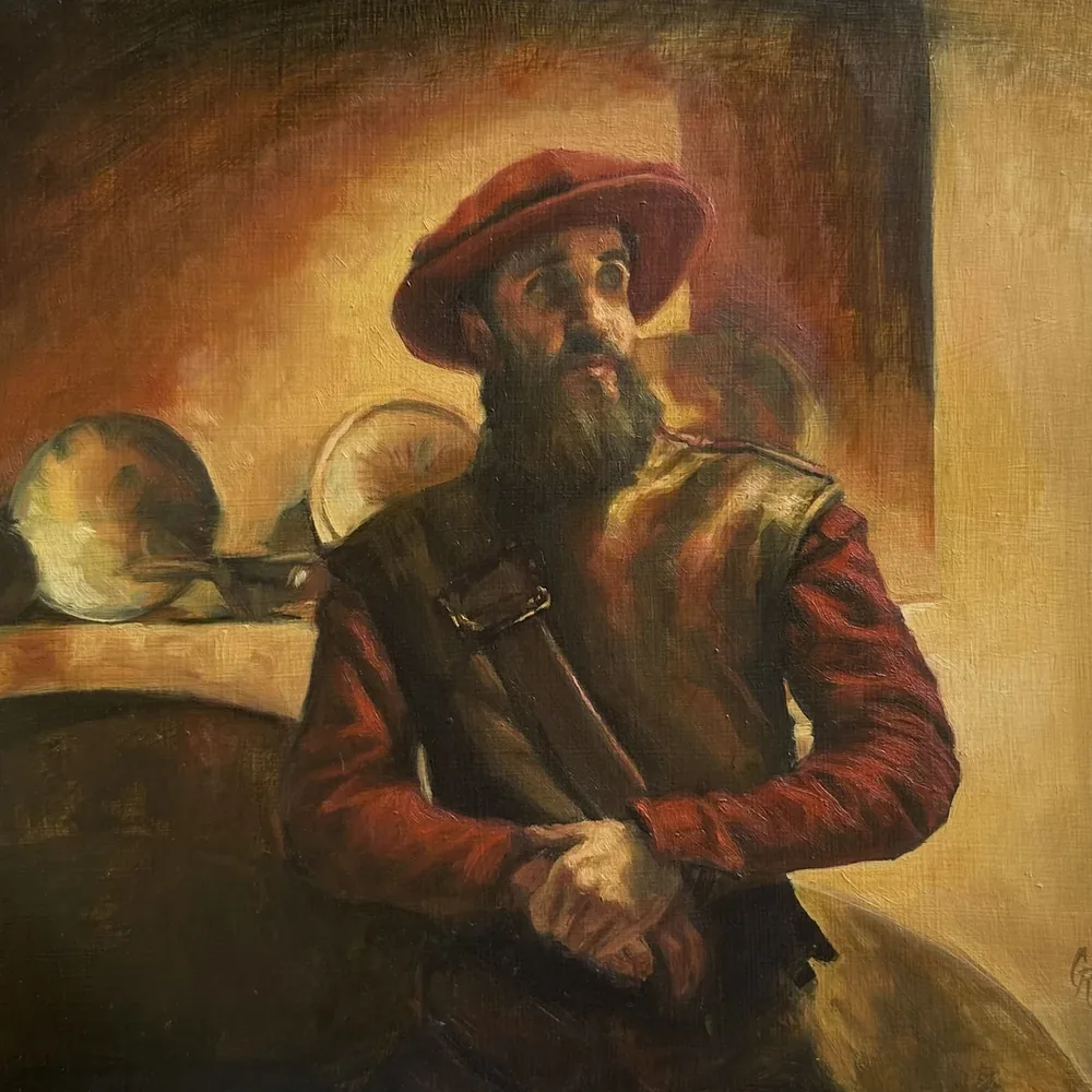 Pintura al óleo de figura con objetos, estudio de composición
