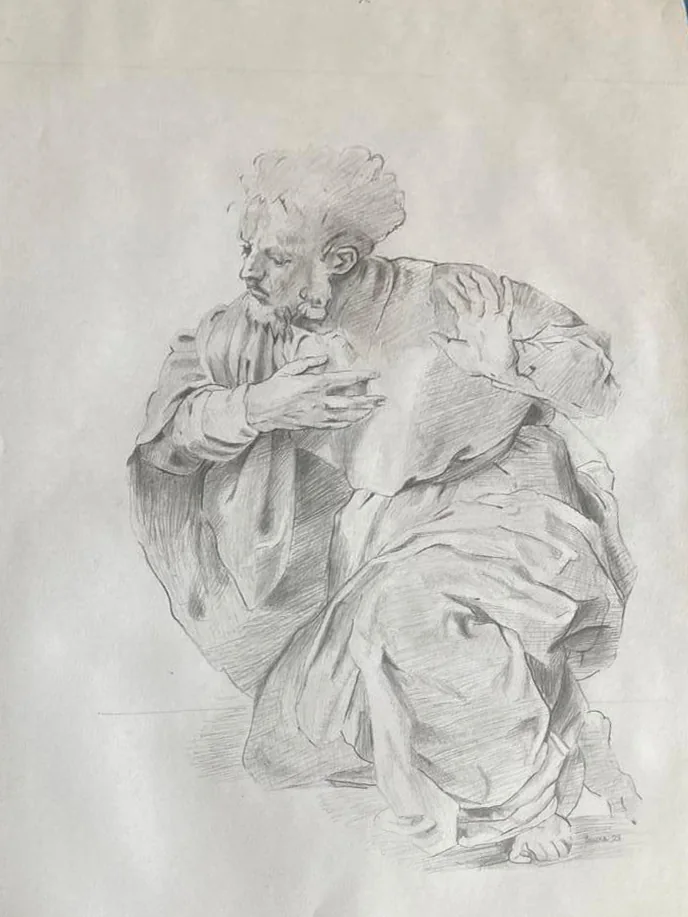 Laurita de 13 años — Lápiz · Figura masculina sentada en un taburete, de Giorgio Vasari