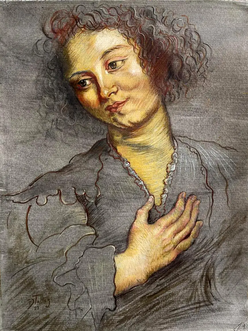 Dhara — Temple sobre papel · Cabeza y mano derecha de una mujer, de Rubens