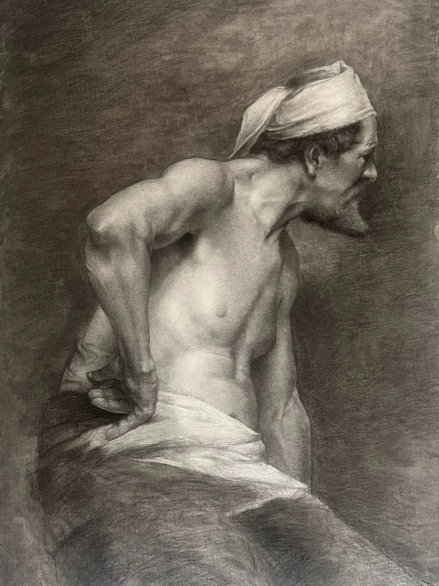 Sebastián — Carboncillo · Männlicher Halbakt mit Kopftuch (medio desnudo masculino con pañuelo en la cabeza), de Albin Egger-Lienz, 1886