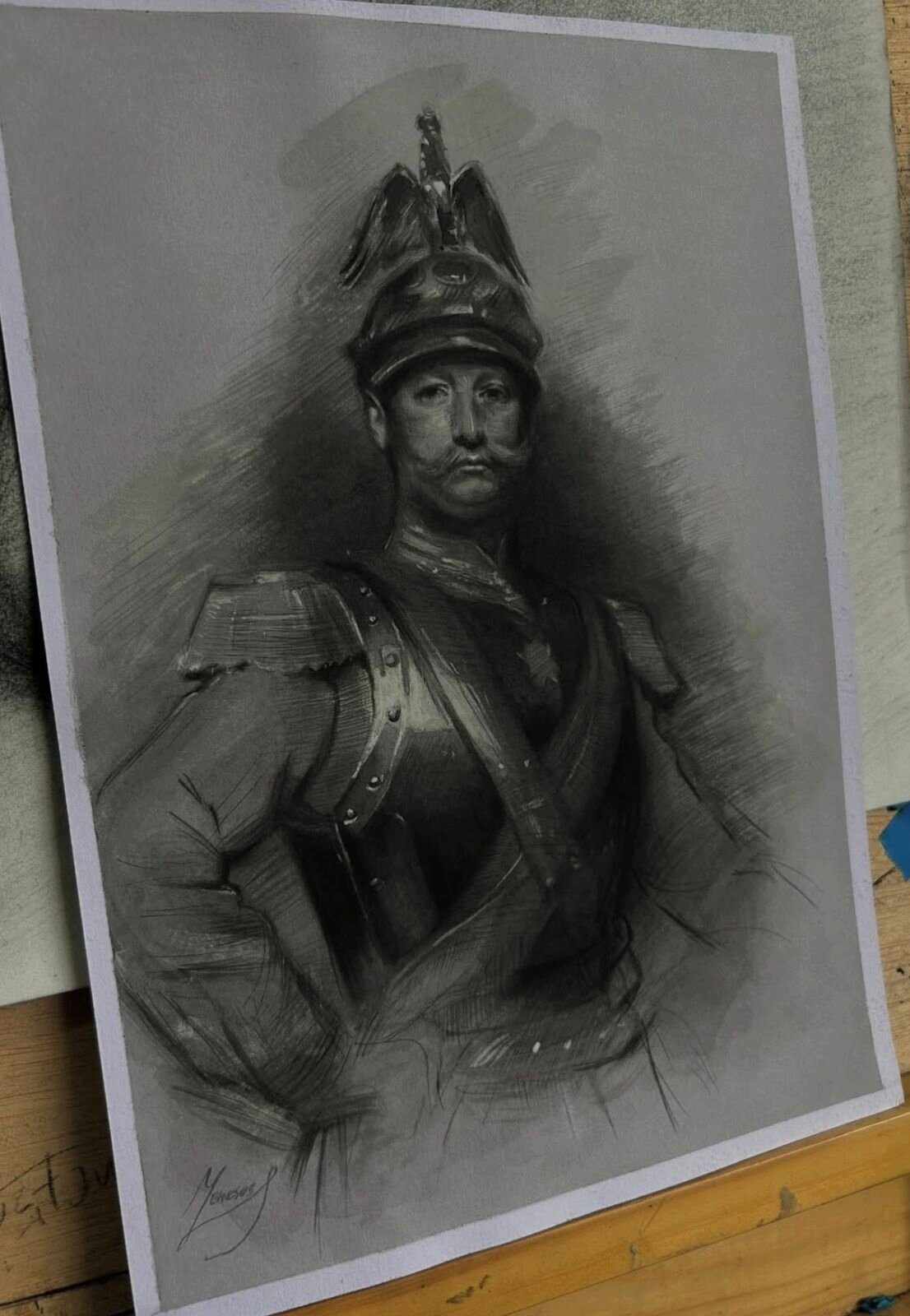 Copia al carboncillo de un retrato clásico, hecha en el taller
