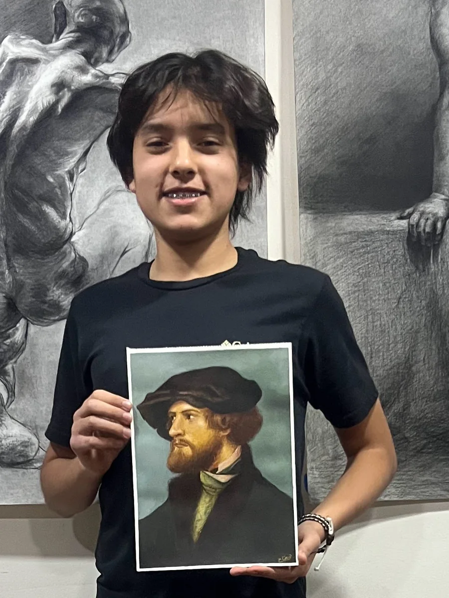 Elías de 15 años con su temple del Retrato de Bonifacio Amerbach, de Hans Holbein el Joven