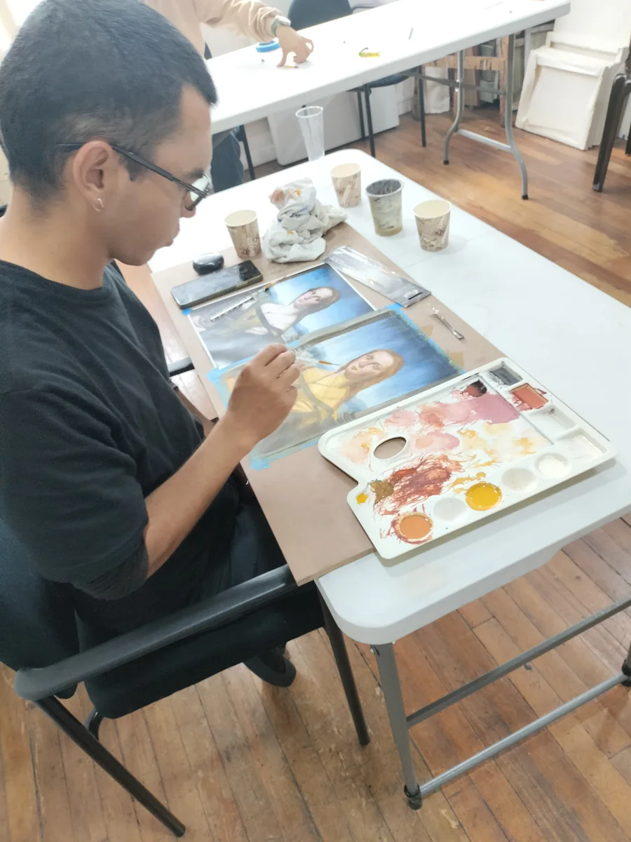 Sebastián pintando su temple de La dama del unicornio, de Rafael
